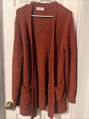 Zenana Outfitters Popcorn Knit Open-Front Cardigan in Rust